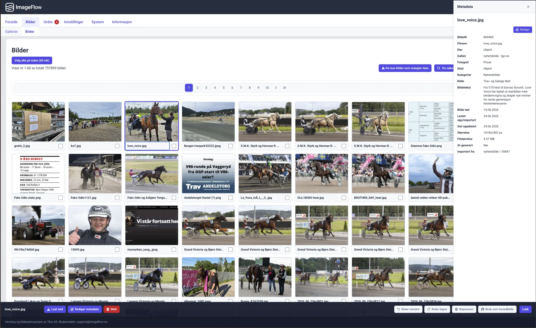 ImageFlow Webdesk med bildegrid, valgt bilde, metadata og bunnhandlinger